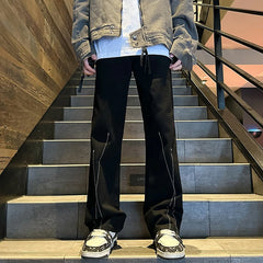 Threebooy Men Black Low Rise Denim Pants Vintage Korean Fashions Japanese Style Casual Jeans Y2k Streetwear Stacked Jeans Pants Hip Hop