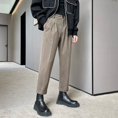 Threebooy Men's Woolen Fabric Casual Pants Fashion Trend Thickened Business Suit Pants Black/Brown Color Slim Fit Trousers M-2XL