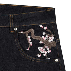 Threebooy Y2K Baggy jeans Cherry Blossom Selvedge Embroidery Denim Pants men women denim fabric American Hiphop Streetwear Wide Leg Jeans