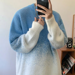 Threebooy New Popular Plush Gradient Sweater Autumn Winter High Street Casual Round Neck Knitted Sweater Men's Soft Lazy Pullover 4 Colors