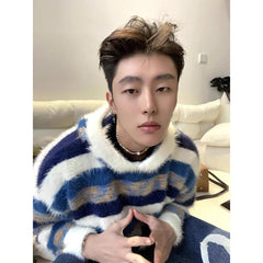 Threebooy American retro contrasting blue white striped hooded sweater casual lazy style knitted sweater top