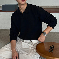 Threebooy Korean Luxury Business Men Polo Sweater Loose V Neck Knit Solid Color Pullover Casual Premium Quality Long Sleeve Knitwear M-3XL