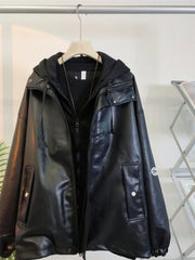 Threebooy Vintage Hooded Fake Two Pieces PU Jacket Autumn Winter Hip Hop Streetwear American Men Women Punk Leather Bomber Jacket