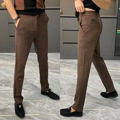 Threebooy Simplicity Trend Spring Autumn Suit Pants Men Solid Pockets Zipper Smart Casual Office Social Slim Bound Feet Straight Trousers
