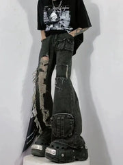 Threebooy Heavy-wash Distressed Multi-pocket Straight-leg Jeans American Retro Street Wide Leg Jeans Harajuku Style Hip Hop Trousers