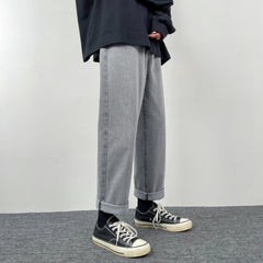 Threebooy New Korean Fashion Men's Casual Baggy Long Jeans Classic Man Straight Denim Wide-leg Pants Solid Color