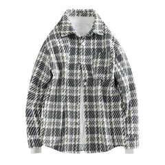 Threebooy New Men's Houndstooth Button-up Cardigan Jackets High Street Fashion Plaid Long Sleeve Shirts Pocket Y2K Outerwear Jacket