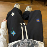 Threebooy Black Casual Pants Men Fashion Embroidered Flower Sweatpants Men Streetwear Hip-hop Loose Wide Leg Pants Mens Joggers Trousers