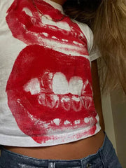 Threebooy Y2k American Streetwear Gothic T Shirt Printed Lip Shape Cropped Top Sexy Hot Girl Tight Top High Street Versatile Fashion
