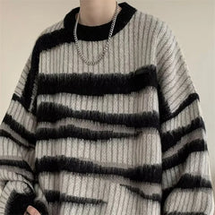 Threebooy American Streetwear Irregular Striped Sweaters For Men Letter Appliques Crewneck Knitted Pullovers Hip Hop Y2K Knitwear
