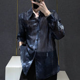Threebooy Mens Snake Patterned Mesh Hollow Semi Transparent Long Sleeved Shirt Summer Sun Protection Casual Breathable Top Men's Clothing