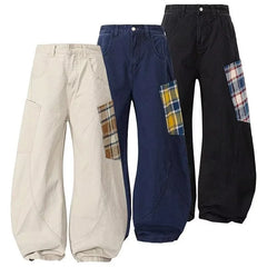 Threebooy American Plaid Multi-pocket Cargo Pants For Men Hip Hop Fashion Straight Wide-leg Trousers New Patchwork Work pantalones