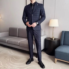 Threebooy Elegante Men's 2 Piece High Quality Suit Groom Checkered Tuxedo One Button Slim Fit Wedding Groom Business Prom