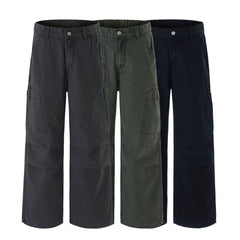 Threebooy American Loose Straight Cargo Pants Men's Fashion Streetwear 100% Cotton Vintage Large Pocket Loose Casual Wide-leg Trousers