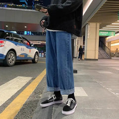 Threebooy Men's Jeans Straight Wide Leg Loose Pants Spring and Autumn Elasticated Waist Vintage Casual Trousers Bottoms Plus Size S-3XL