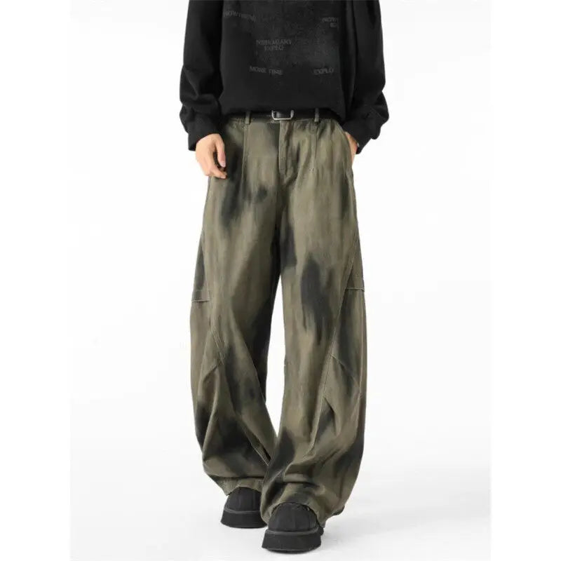 Threebooy Men's Distressed Tie-dye Denim Pants Male Casual Fashion Straight Loose Wide Leg Trousers Jeans Vintage Hip Hop Mopping Pants