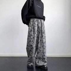 Threebooy Retro Cashew Flower Print Fashion Drape Wide-Leg Pants Unisex 2025 Spring Summer Fashion Niche Design Luxury Mopping Pants Men