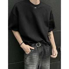 Threebooy Design-sensing Short-sleeved T-shirt Men's Round Neck Loose American Retro Korean Style Outfit Five-point Sleeve Top