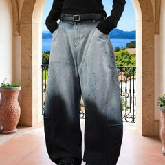 Threebooy American retro gradient high street splashed ink personality loose curved knife hip-hop jeans men and women trendy casual pants