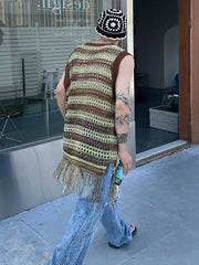 Threebooy Striped Mesh Vest for Men Vintage Knit Tank Tops Sleeveless Tee Male Casual Summer Beach Japanese Streetwear Hip Hop