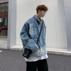 American Vintage Denim Jackets for Men Frayed Designed Harajuku Korean Fashion Streetwear Trendy Y2k Jacket Casual High Street