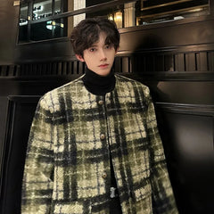 Threebooy Men's Tweed Plaid Blazers Cardigan Autumn Winter Trend Collarless Short Jacket Fashion Green Korean Style Chic Elgance Coat