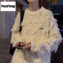 Threebooy Retro Fringed Sweater Loose and Lazy Niche Knitted Sweater Trendy Brand Sweater for Men