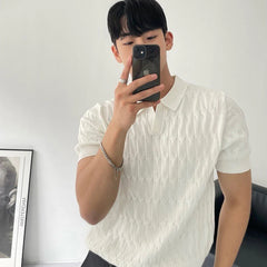 Threebooy Summer Clothing Men's Light Luxury Knitted Jacquard Polo Shirt V-Neck Solid Color Short-sleeved Korean Popular Leisure Knitwear