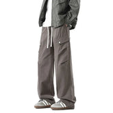 Threebooy Men's Cotton Cargo Pants High Street Comfortable Loose Fit Wide Leg Pants Side Pockets Drawstring Waist Trousers Man Workwear