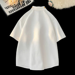 Threebooy Flower Embroidery Short Sleeve Shirt Harajuku Korean White Black Half Sleeve Casual Shirt Summer Tops