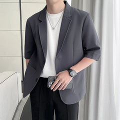 Threebooy Summer Men's Popular Blazer Lapel Collar Mid Sleeve Suit Jackets Solid Color Fashion Trend Western-style Clothes M-3XL