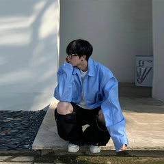 Threebooy Spring Clothing Men's Leisure Striped Zipper Short Shirt Jacket  Korean Sky Blue Harajuku Long Sleeve Light Luxury Coats