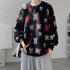 Threebooy Autumn Winter Butterfly Jacquard Pattern Sweater New Popular Casual Round Neck Contrast Color Knitted Men's Knitwear Pullover