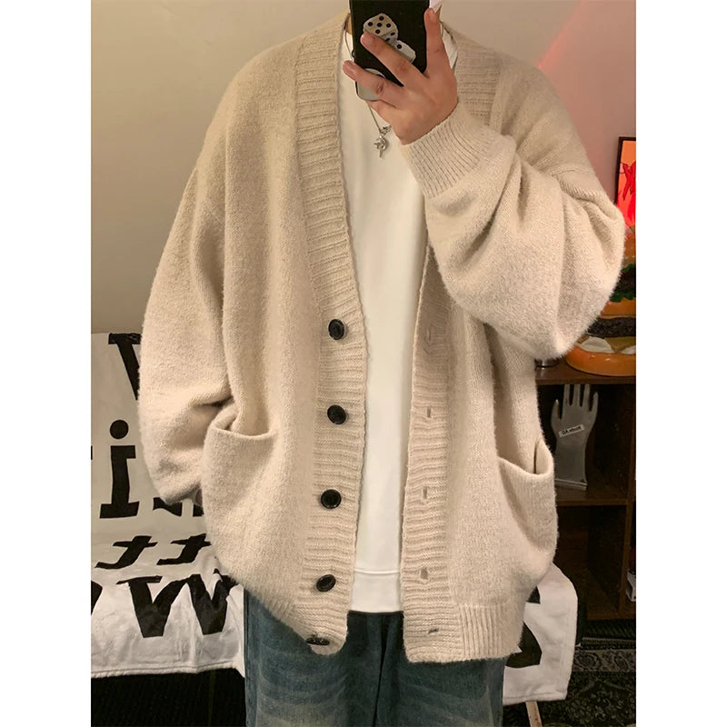 Threebooy Autumn Winter New V-neck Cardigan Men's Loose Casual Knitted Sweater Trendy Daliy Simple All-match High Street Soft Coats
