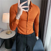 Threebooy 4XL Men's Shirt High Elasticity Seamless Long Sleeve Slim Casual Shirt Solid Color Business Formal Dress Shirts Social Blouse