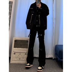 Threebooy American style pants high street black strap slightly flared jeans men's slim fit straight leg work pants