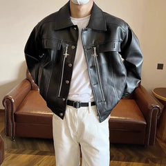 Threebooy Mens Pu Leather Jacket Zipper Motorcycle Pu Jacket Fashion Streetwear Biker Temperament Soft Casual Jacket Men'S Clothing