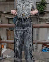 Threebooy American High Street Streetwear Jeans Men Spliced Heavy Industry Graffiti Distressed Zipper Jeans Men and Women Same Style