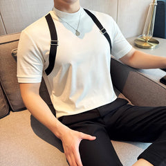 Threebooy Fashion Patchwork Webbing Tops Tees Mens Contrast Color Thin T Shirt Summer Short Sleeve Muscle Tshirt Male Slim Fit T Shirt