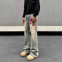 Threebooy American retro men and women trend personalized embroidered straight leg washed jeans couple spring and autumn casual pants y2k