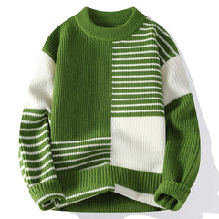 Threebooy Autumn Winter Fashion Patchwork Striped Knit Pullovers Men Youthful Vitality O-Neck Loose Warm Knitted Sweater Casual Pullover