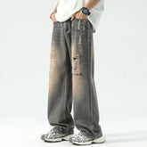 Threebooy American Style High Street Vintage Washed Ripped Jeans Men with Loose Hanging Feel Straight Leg Wide Leg Pants
