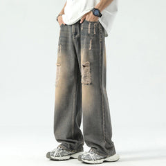 Threebooy American Style High Street Vintage Washed Ripped Jeans Men with Loose Hanging Feel Straight Leg Wide Leg Pants
