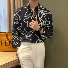 Threebooy Trendy and Versatile Long-sleeved Printed Thin Shirt New Casual Fashion Men's