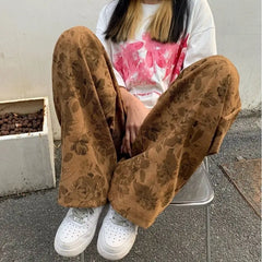 Threebooy men and women trendy and personalized straight tube spring/summer thin print loose couple retro wide leg casual pants