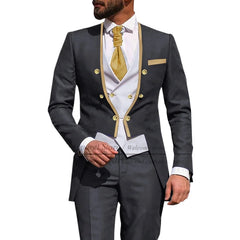 Threebooy Latest Royal Blue Suit Men 3Pcs Slim Fit Wedding Best Man Groom Tuxedo Double Breasted Gold Trim Jacket Vest Pants Set Tailcoat