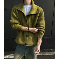 Threebooy Stand Collar Cardigans Men Retro Simple Streetwear Sweater Autumn Winter Solid Popular American Style Male Knitting Casual Daily
