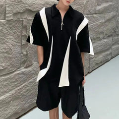 Threebooy Mens Polo Shirt Y2k Black White Contrast Half-Zip T Shirt Fashion Casual Personality Streetwear All-Match Tops Men'S Clothing