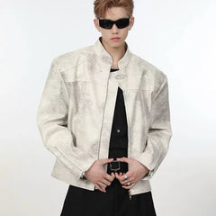 Threebooy 90s Streetwear Autumn Standing Collar Motorcycle Leather Jacket Men's Loose Short Shoulder Padded American Retro PU Jacket Jacket