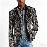 Threebooy Men's Leopard Print Velvet Blazer Classic Fit Stylish Long Sleeve Notched Lapel Suit Jacket for Nightclub Wedding Streetwear